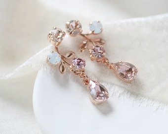 Rose Gold Bridal earrings, Crystal Drop earrings, Bridal jewelry, Blush Pink earrings, Floral Wedding earrings, Bridesmaid earrings