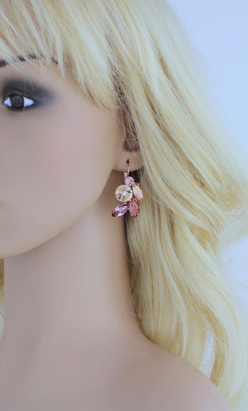 Rose gold Bridal earrings, Burgundy crystal earrings, Bridal jewelry, Cluster leaf earrings, Rose gold crystal earrings, Wedding earrings image 5