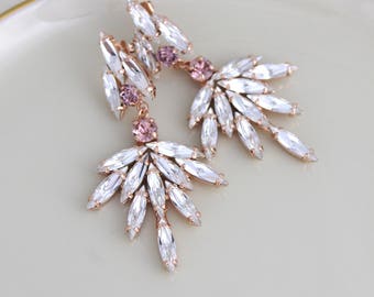 Rose gold Bridal earrings, Bridal jewelry, Statement Wedding earrings, Chandelier earrings, Rose gold Wedding jewelry, Crystal earrings