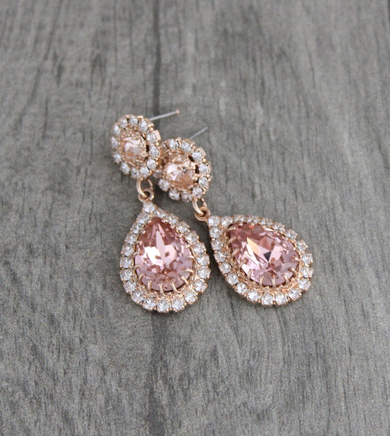 Rose gold Bridal earrings, Bridal jewelry, Teardrop Wedding earrings, Blush crystal earrings, Rose gold Wedding jewelry, Earrings for Bride image 1