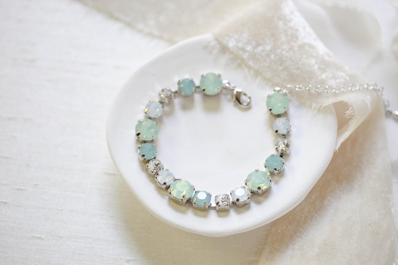 Mint green bracelet, Crystal Bridal bracelet, Bridal jewelry, White Opal Tennis bracelet, Wedding jewelry, Bracelet for Bride, Round crystal image 8