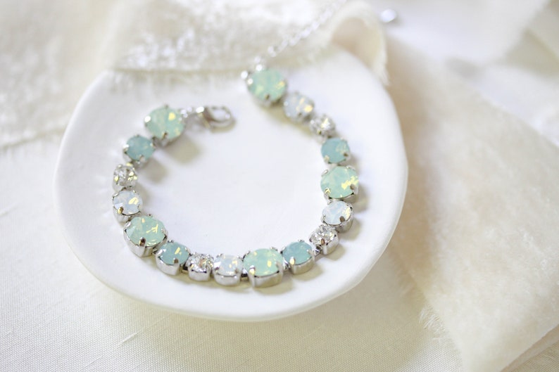 Mint green bracelet, Crystal Bridal bracelet, Bridal jewelry, White Opal Tennis bracelet, Wedding jewelry, Bracelet for Bride, Round crystal image 3