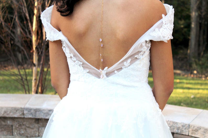 Lariat Bridal necklace Bridal jewelry Backdrop necklace Back necklace Dainty Wedding necklace Back jewelry Pink opal necklace Gold necklace