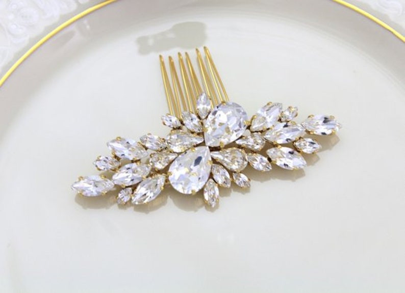 Gold Bridal hair comb, Bridal hair accessories, Bridal hair piece, Crystal hair comb for wedding, Ivory cream headpiece, Large hair comb image 3