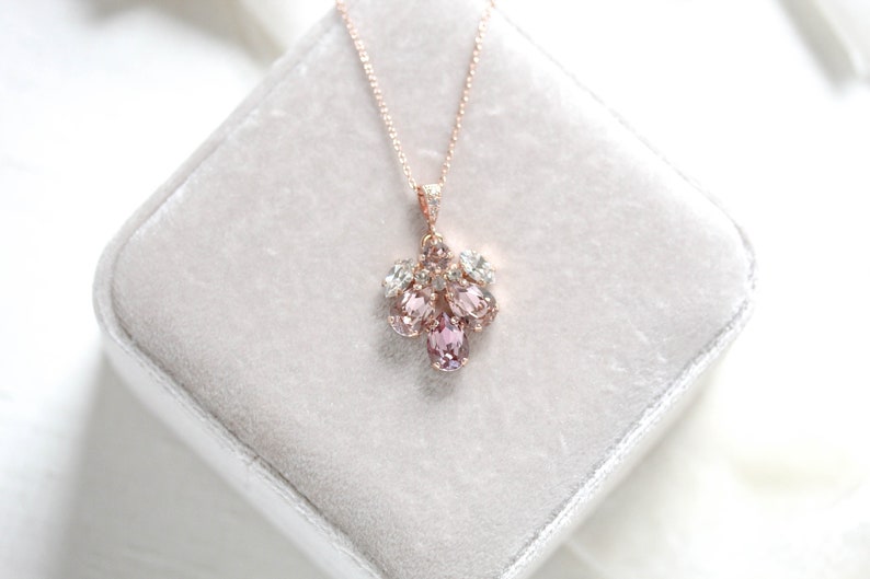 Rose gold Bridal necklace, Bridal jewelry, Crystal Bridesmaid necklace, Blush crystal necklace, Rose gold Wedding necklace, Pendant necklace image 7