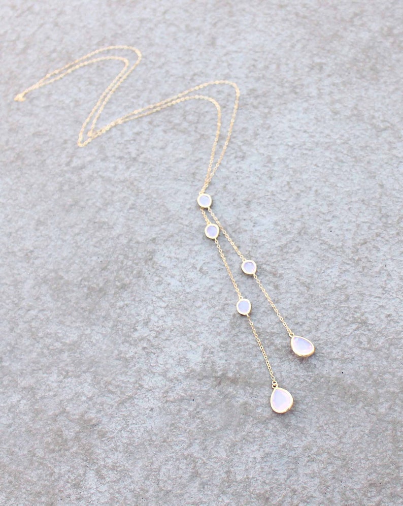 Lariat Bridal necklace Bridal jewelry Backdrop necklace Back necklace Dainty Wedding necklace Back jewelry Pink opal necklace Gold necklace