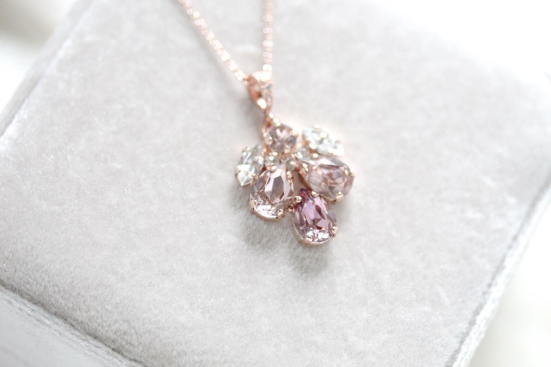 Rose gold Bridal necklace, Bridal jewelry, Crystal Bridesmaid necklace, Blush crystal necklace, Rose gold Wedding necklace, Pendant necklace image 2