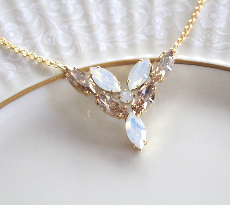 Crystal Bridal necklace, Bridal jewelry, White opal Wedding necklace, Gold crystal necklace, Bridesmaid necklace, Wedding jewelry for bride image 1