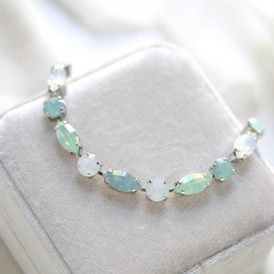 Mint Green Tennis bracelet, Crystal Bridal bracelet, Bridal jewelry, White opal bracelet, Bridesmaid bracelet, Wedding jewelry for bride image 5