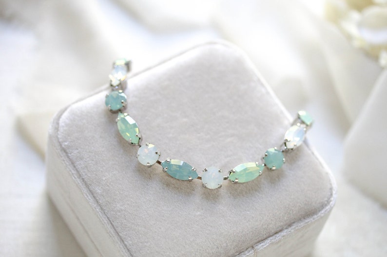 Mint Green Tennis bracelet, Crystal Bridal bracelet, Bridal jewelry, White opal bracelet, Bridesmaid bracelet, Wedding jewelry for bride image 5