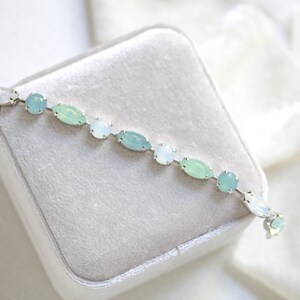 Mint Green Tennis bracelet, Crystal Bridal bracelet, Bridal jewelry, White opal bracelet, Bridesmaid bracelet, Wedding jewelry for bride image 2