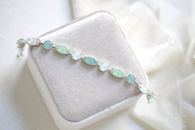 Mint Green Tennis bracelet, Crystal Bridal bracelet, Bridal jewelry, White opal bracelet, Bridesmaid bracelet, Wedding jewelry for bride image 2