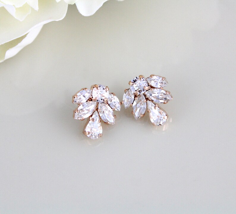 Rose Gold Stud Earrings Crystal Bridal Earrings Bridal Etsy