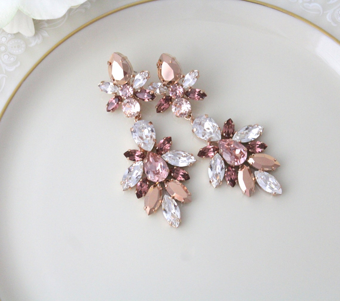 Rose Gold Statement Earrings Crystal Wedding Earrings Bridal Etsy