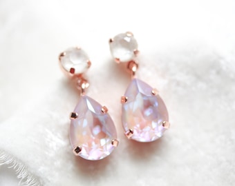 Dusty pink Swarovski crystal earrings, Rose gold Bridal earrings, Teardrop Wedding earrings, Rose gold Stud earrings, Pastel earrings