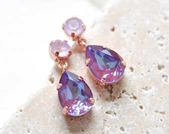 Burgundy delite earrings, Swarovski crystal earrings, Rose gold earrings, Purple teardrop earrings, Bridal earrings, Lavender earrings