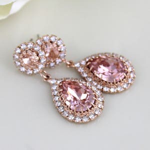 Rose gold Bridal earrings, Bridal jewelry, Teardrop Wedding earrings, Blush crystal earrings, Rose gold Wedding jewelry, Earrings for Bride image 2