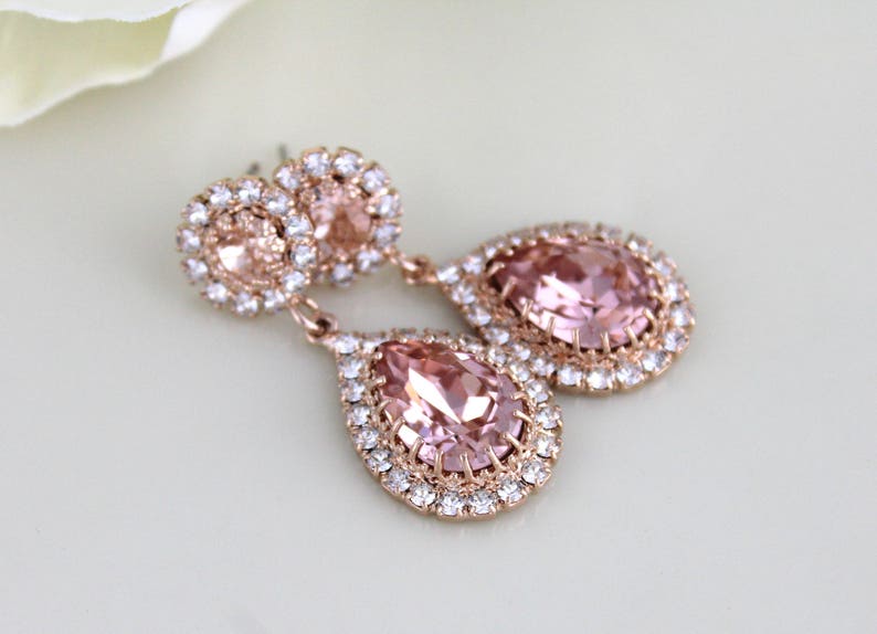 Rose gold Bridal earrings, Bridal jewelry, Teardrop Wedding earrings, Blush crystal earrings, Rose gold Wedding jewelry, Earrings for Bride image 2