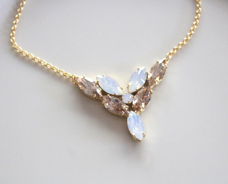 Crystal Bridal necklace, Bridal jewelry, White opal Wedding necklace, Gold crystal necklace, Bridesmaid necklace, Wedding jewelry for bride image 4