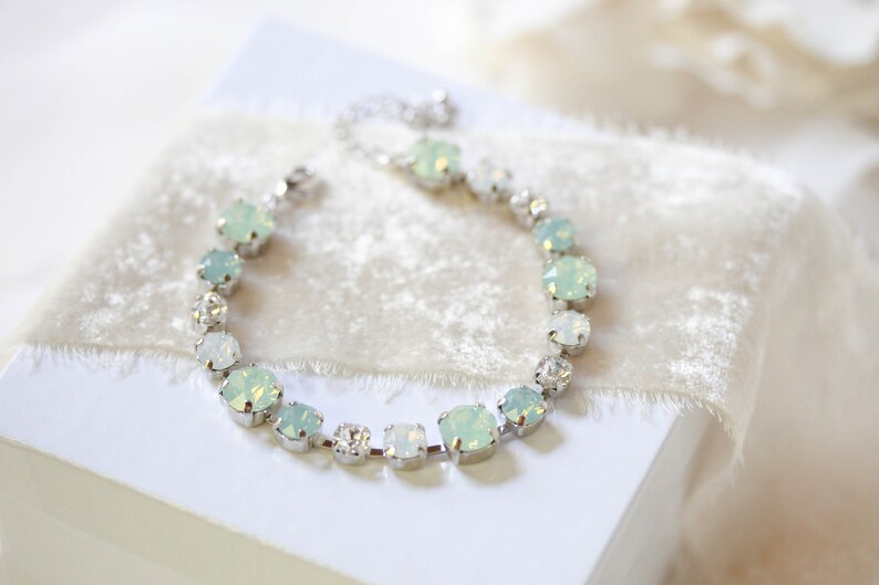 Mint green bracelet, Crystal Bridal bracelet, Bridal jewelry, White Opal Tennis bracelet, Wedding jewelry, Bracelet for Bride, Round crystal image 9