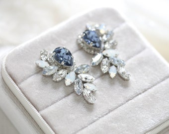 Navy Blue Bridal earrings, Crystal Wedding earrings, Bridal jewelry, Large Statement earrings, Crystal stud earrings, Wedding jewelry