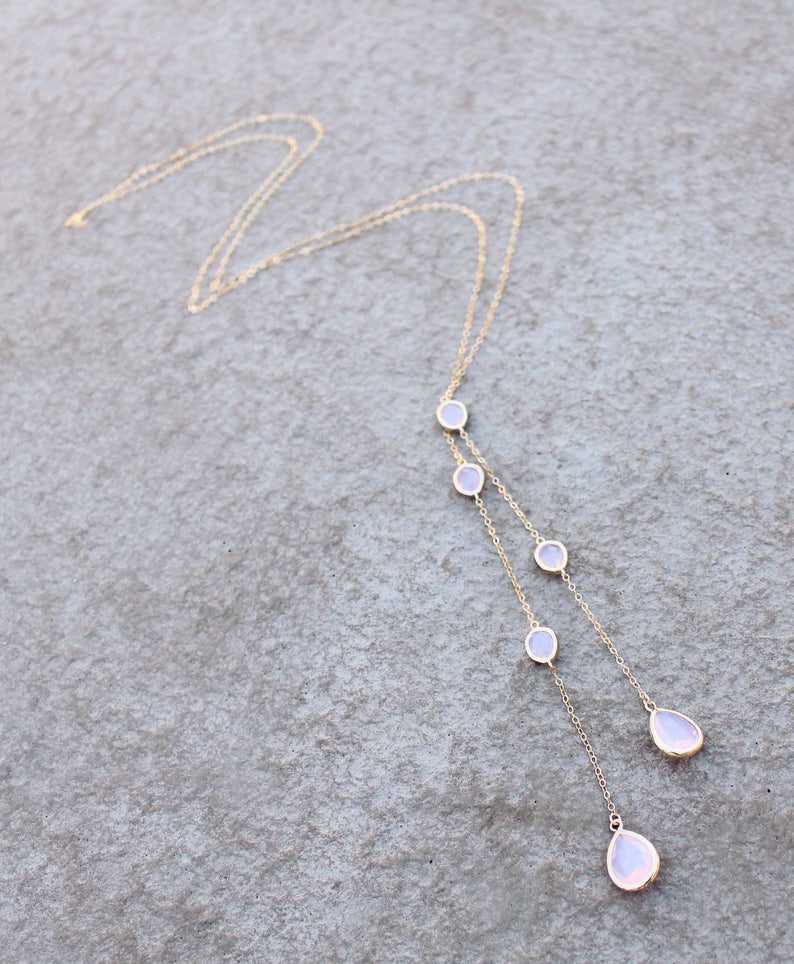 Lariat Bridal necklace Bridal jewelry Backdrop necklace Back necklace Dainty Wedding necklace Back jewelry Pink opal necklace Gold necklace