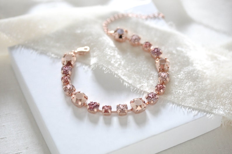 Rose gold Bridal bracelet, Blush crystal Wedding bracelet, Bridal jewelry, Tennis bracelet, Bridesmaid bracelet, Rose Gold wedding jewelry image 3