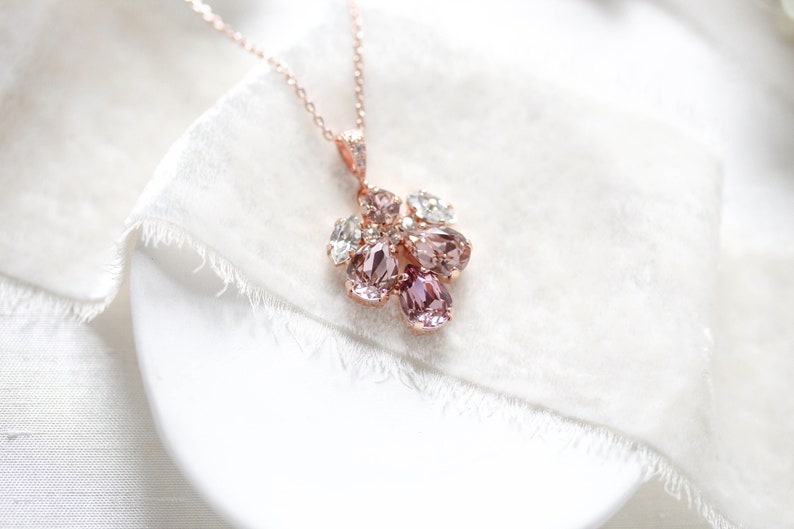 Rose gold Bridal necklace, Bridal jewelry, Crystal Bridesmaid necklace, Blush crystal necklace, Rose gold Wedding necklace, Pendant necklace image 1