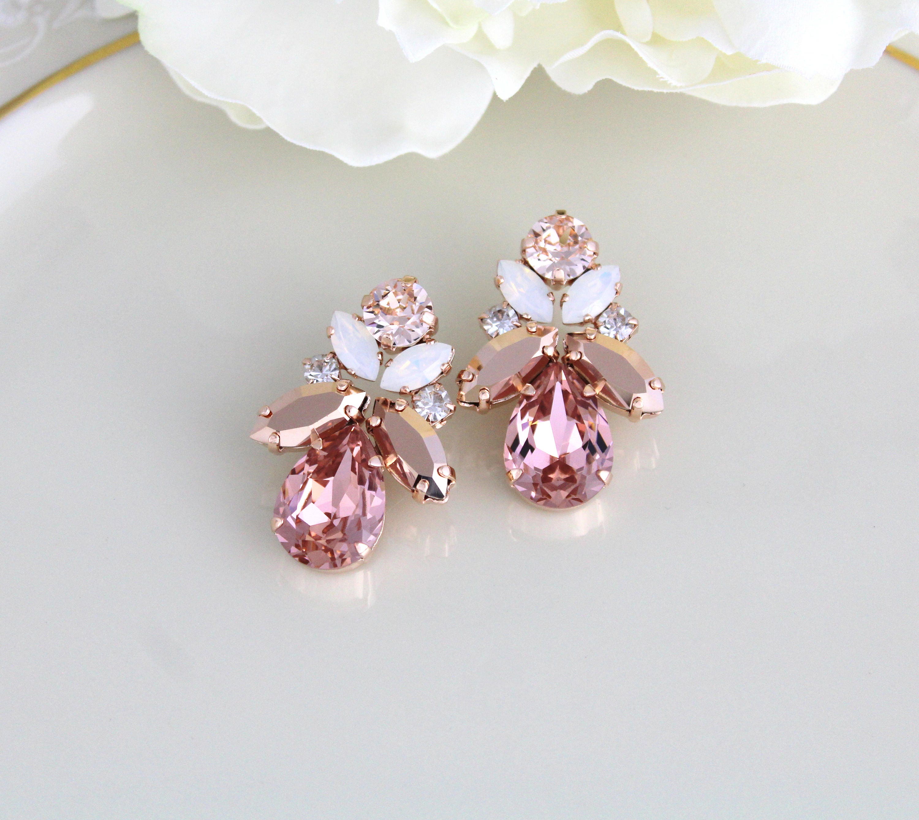 Rose gold Bridal earrings Bridal jewelry Swarovski Crystal | Etsy