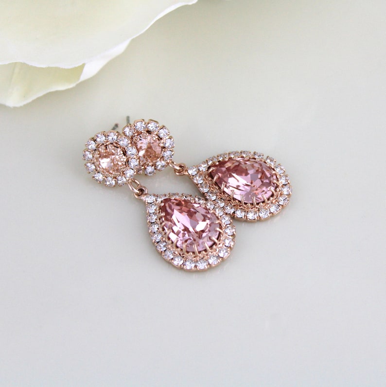 Rose gold Bridal earrings, Bridal jewelry, Teardrop Wedding earrings, Blush crystal earrings, Rose gold Wedding jewelry, Earrings for Bride image 3