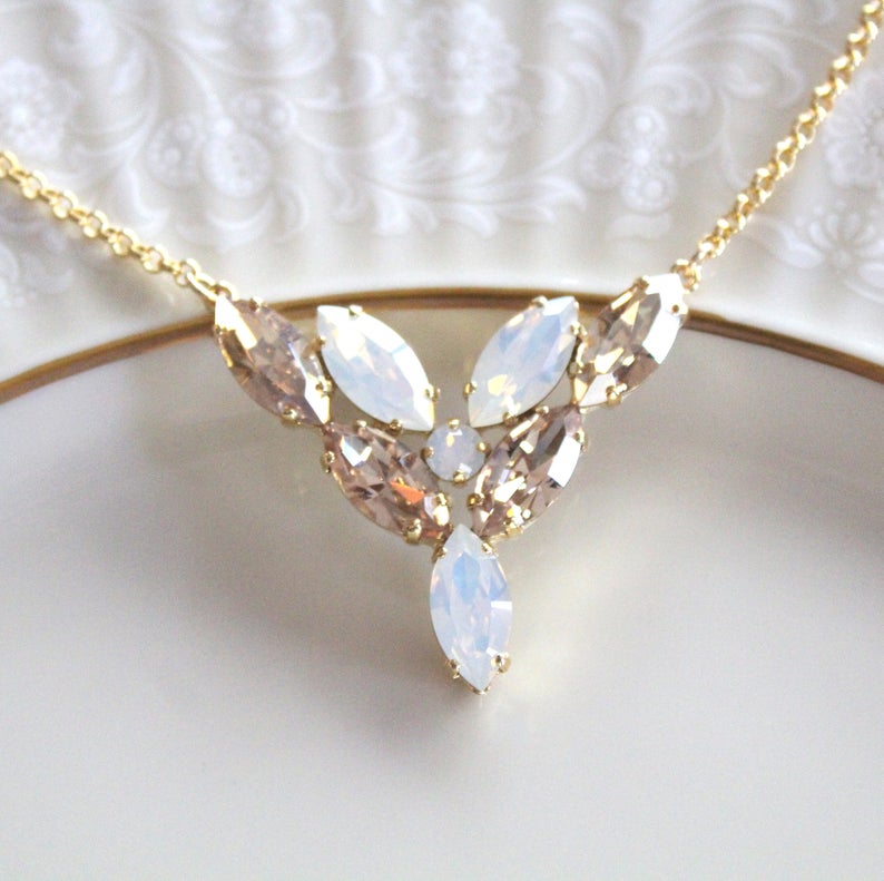 Crystal Bridal necklace, Bridal jewelry, White opal Wedding necklace, Gold crystal necklace, Bridesmaid necklace, Wedding jewelry for bride image 2