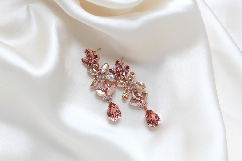 Pendiente de araña de oro rosa, pendientes nupciales de oro rosa, joyería de boda, pendientes de declaración, pendientes de rubor, joyería nupcial de oro rosa imagen 7