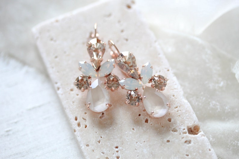 Gold Wedding earrings, Bridal jewelry, Crystal Bridal earrings, Gold crystal Dangle earrings, White Opal earrings, Bridesmaid earrings image 10