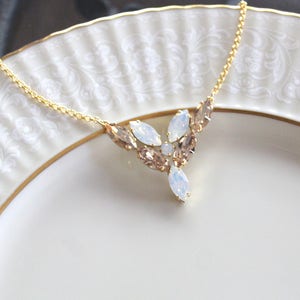 Crystal Bridal necklace, Bridal jewelry, White opal Wedding necklace, Gold crystal necklace, Bridesmaid necklace, Wedding jewelry for bride image 3