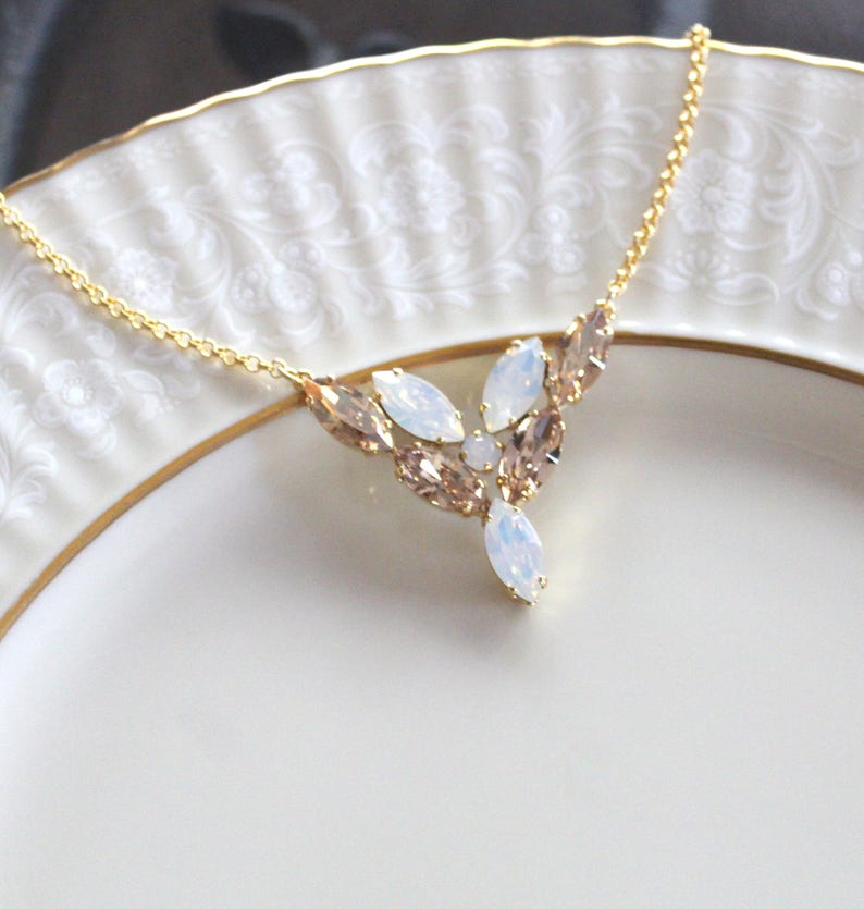 Crystal Bridal necklace, Bridal jewelry, White opal Wedding necklace, Gold crystal necklace, Bridesmaid necklace, Wedding jewelry for bride image 3