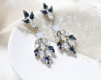 Navy blue Bridal earrings, Bridal jewelry, Crystal Wedding earrings, Small Crystal drop earrings, Bridesmaid earrings, White Opal earrings