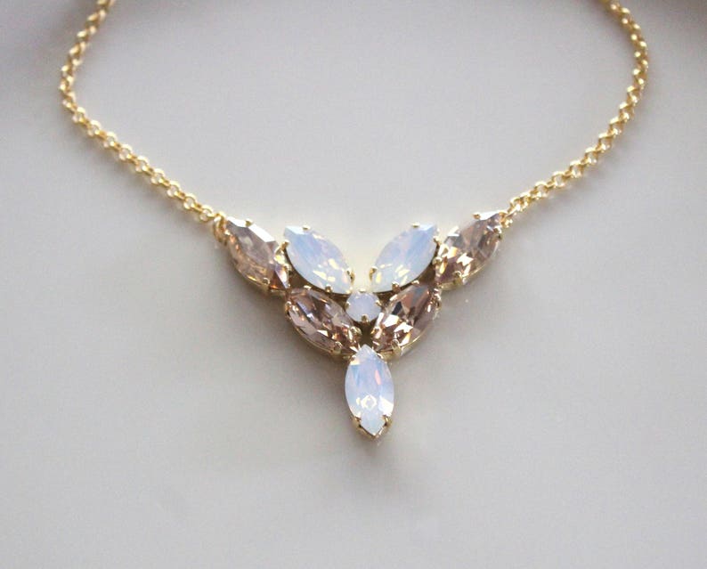 Crystal Bridal necklace, Bridal jewelry, White opal Wedding necklace, Gold crystal necklace, Bridesmaid necklace, Wedding jewelry for bride image 5