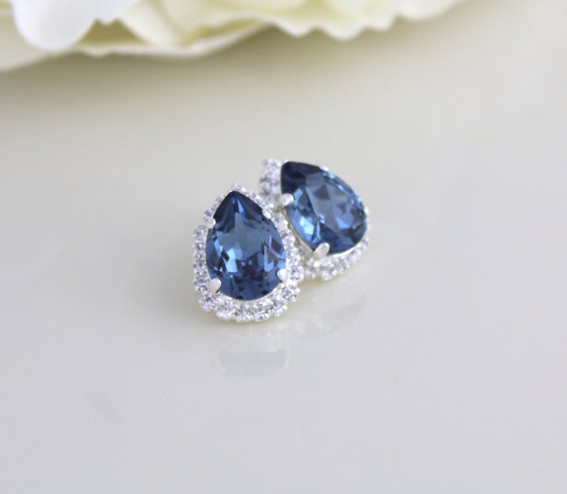 Navy blue earrings, Crystal Bridal earrings, Bridal jewelry, Teardrop earrings, Stud earrings, Bridesmaid earrings, earrings for bride image 3