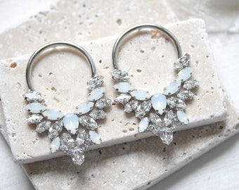 Pendientes de boda llamativos, pendientes nupciales de ópalo, joyería nupcial, aros llamativos, pendientes de aro para novia, joyas de boda para novia