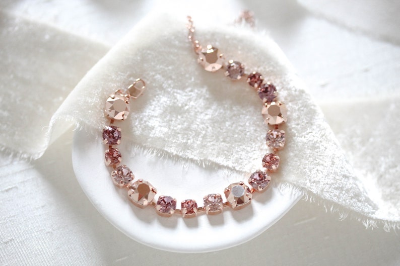 Rose gold Bridal bracelet, Blush crystal Wedding bracelet, Bridal jewelry, Tennis bracelet, Bridesmaid bracelet, Rose Gold wedding jewelry image 6