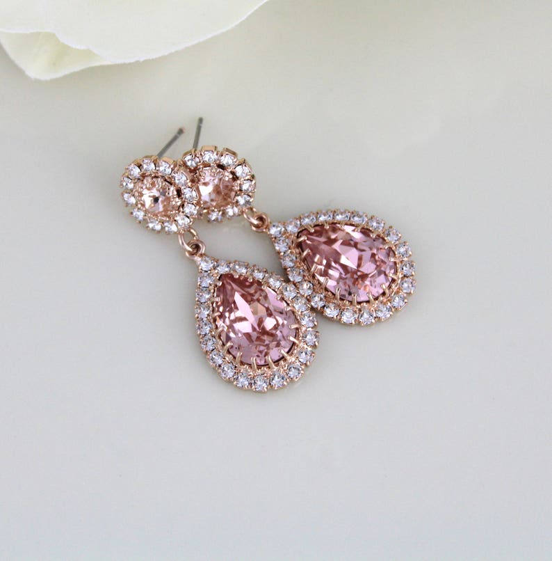 Rose gold Bridal earrings, Bridal jewelry, Teardrop Wedding earrings, Blush crystal earrings, Rose gold Wedding jewelry, Earrings for Bride image 4