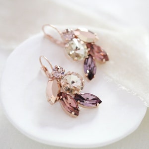 Rose gold Bridal earrings, Burgundy crystal earrings, Bridal jewelry, Cluster leaf earrings, Rose gold crystal earrings, Wedding earrings image 8