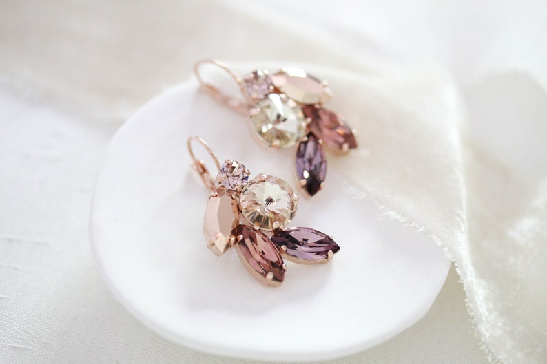 Rose gold Bridal earrings, Burgundy crystal earrings, Bridal jewelry, Cluster leaf earrings, Rose gold crystal earrings, Wedding earrings image 8