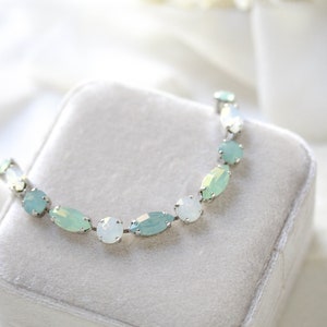 Mint Green Tennis bracelet, Crystal Bridal bracelet, Bridal jewelry, White opal bracelet, Bridesmaid bracelet, Wedding jewelry for bride image 6