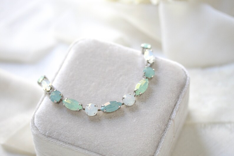 Mint Green Tennis bracelet, Crystal Bridal bracelet, Bridal jewelry, White opal bracelet, Bridesmaid bracelet, Wedding jewelry for bride image 6