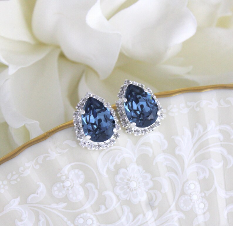 Navy blue earrings, Crystal Bridal earrings, Bridal jewelry, Teardrop earrings, Stud earrings, Bridesmaid earrings, earrings for bride image 2