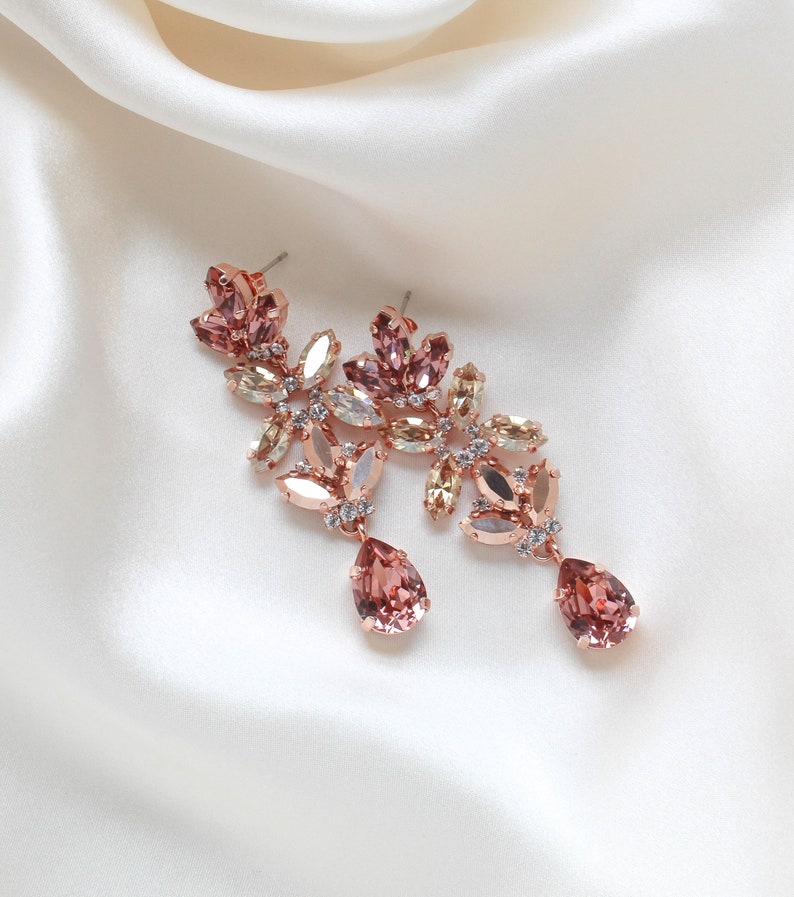 Pendiente de araña de oro rosa, pendientes nupciales de oro rosa, joyería de boda, pendientes de declaración, pendientes de rubor, joyería nupcial de oro rosa imagen 1