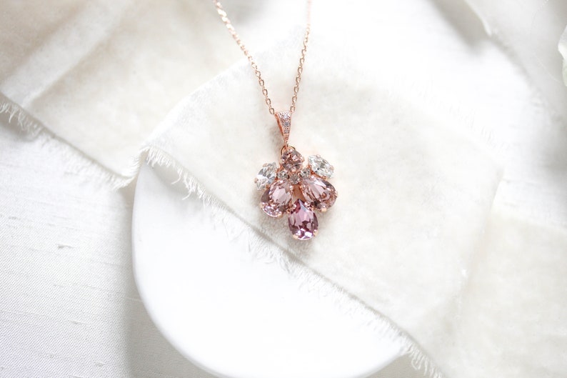 Rose gold Bridal necklace, Bridal jewelry, Crystal Bridesmaid necklace, Blush crystal necklace, Rose gold Wedding necklace, Pendant necklace image 8