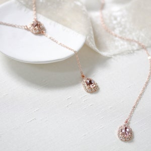 Rose gold backdrop necklace, Crystal Bridal necklace, Bridal jewelry, Y necklace, Blush crystal Wedding necklace, Dainty back necklace