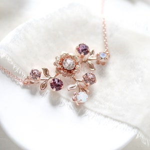 Rose gold Bridal necklace, Bridal jewelry, Opal Wedding necklace, Rose gold flower necklace, Blush Crystal necklace, Bridesmaid gift